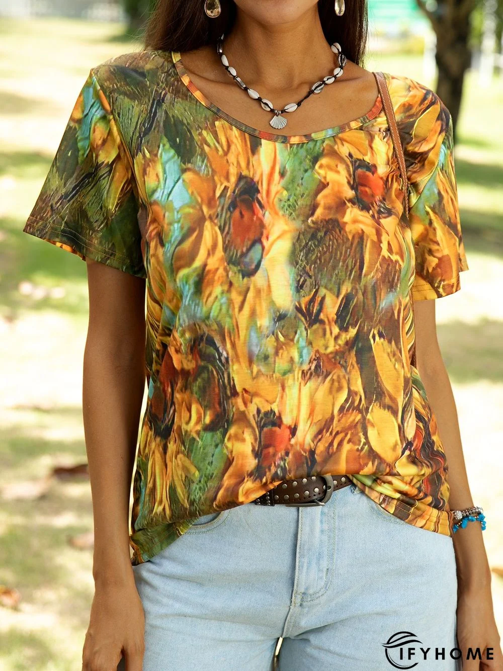 Crew Neck Shift Sunflower Short Sleeve T-shirt | IFYHOME