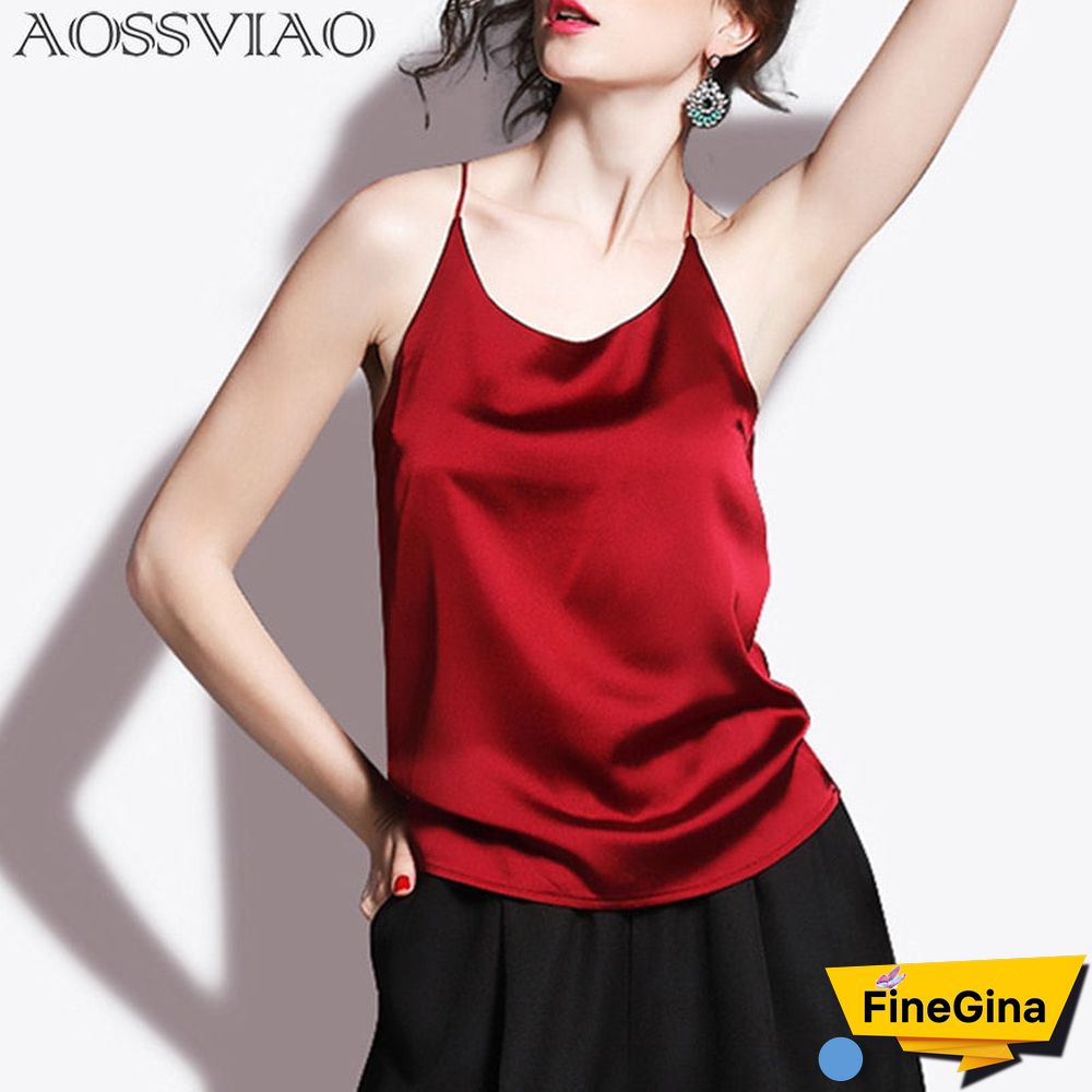 Christmas Gift Silk Crop Top Summer Women Tank Top Sleeveless Shirt Bustier Sexy O-Neck Halter Vest Bralette Blouse Cami Black White Red