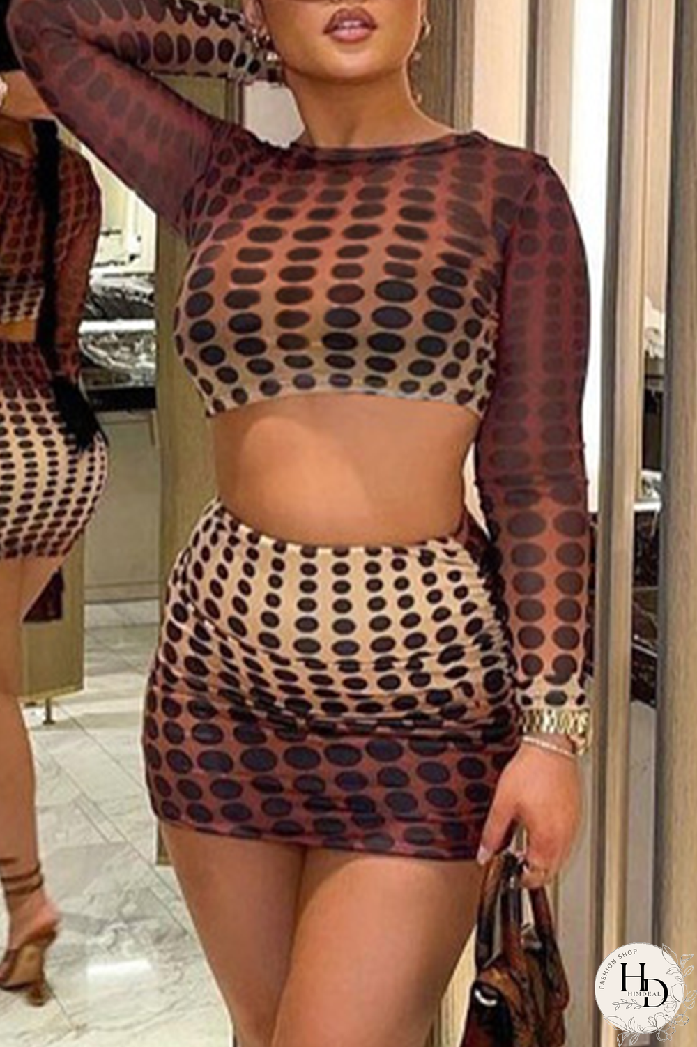 Colour Sexy Print Split Joint O Neck Long Sleeve Two Pieces