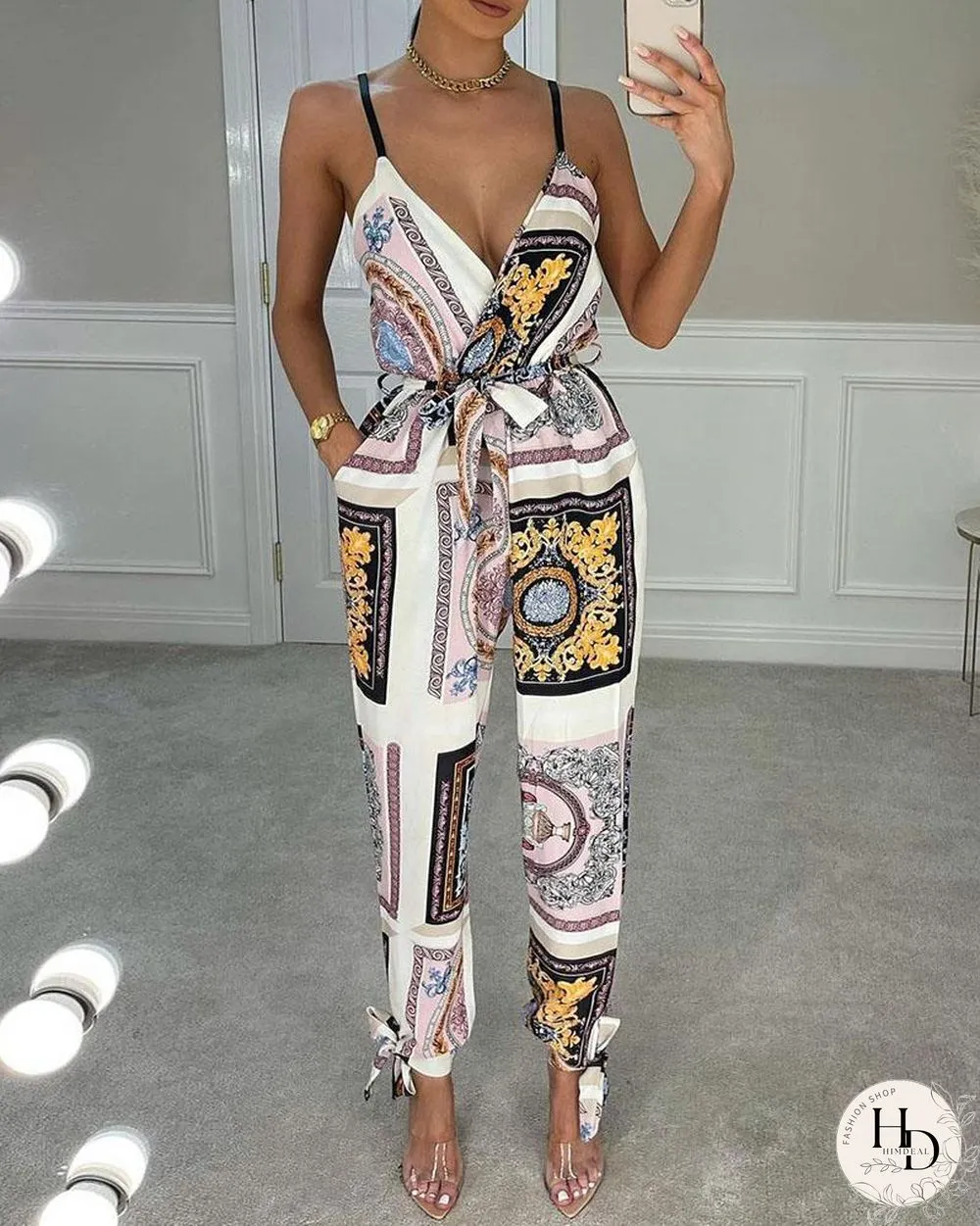 Scarf Print Pocket Design Jumpsuit