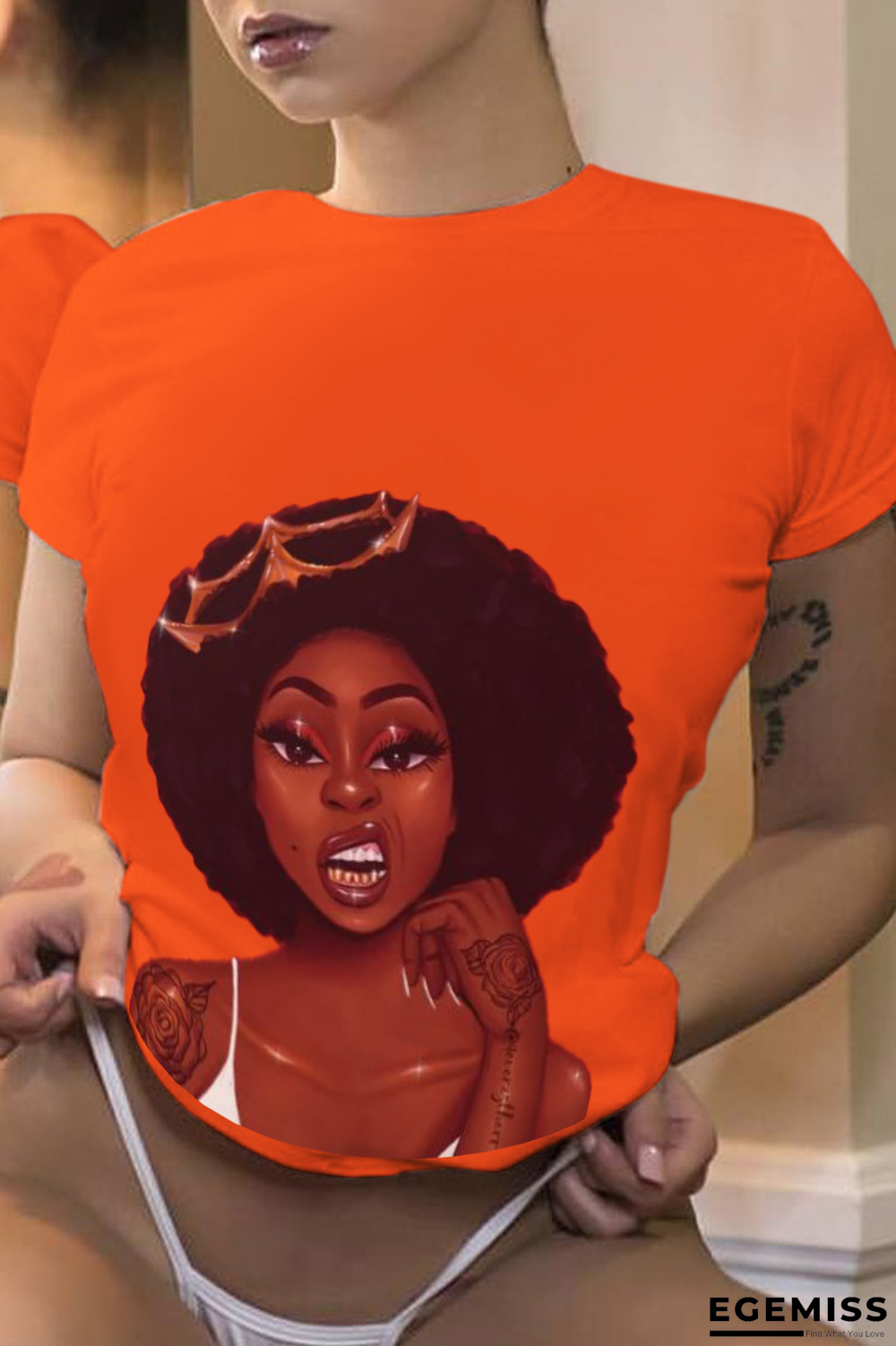 Orange Fashion Vintage Print Patchwork O Neck T-Shirts | EGEMISS