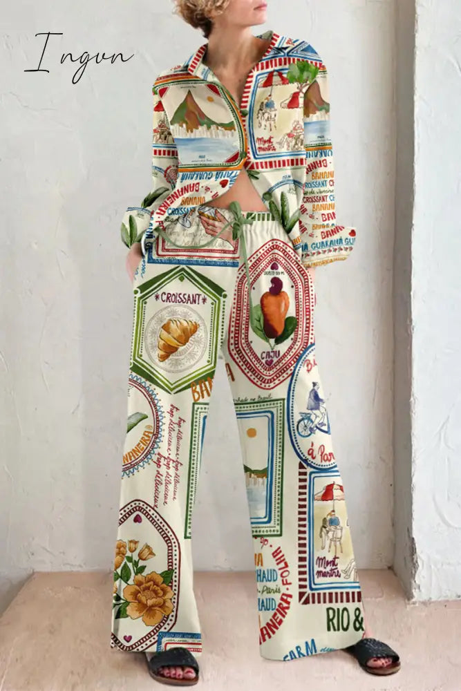 Ingvn - Casual Print Pocket Turndown Collar Long Sleeve Two Pieces Multicolor / S Pieces/Two-Piece