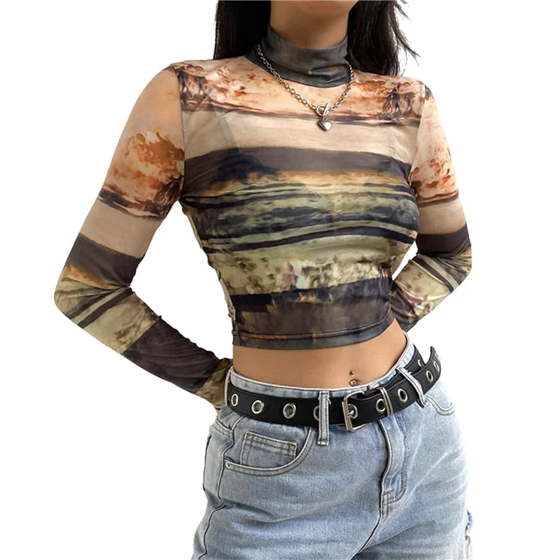 2021 Fairy Grunge Shirt Basic Mesh Print Top Women E Girl Gothic Punk Style T-shirts Tees Clothes Street Tops Womens Clothing