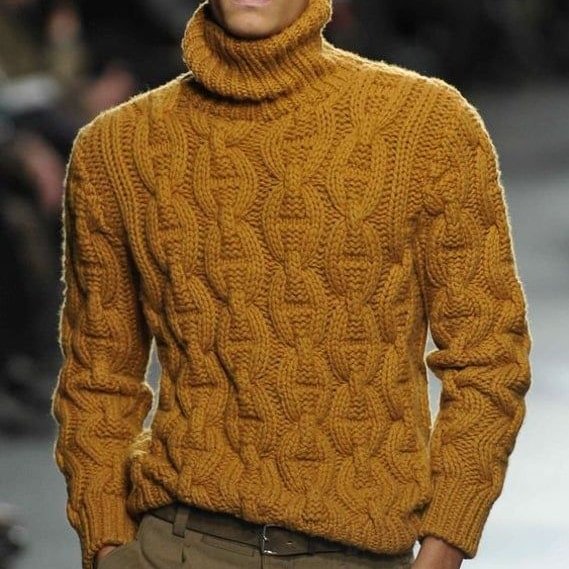Men's Classic Vintage Pattern Casual Pile Neck Pullover Khaki Sweater