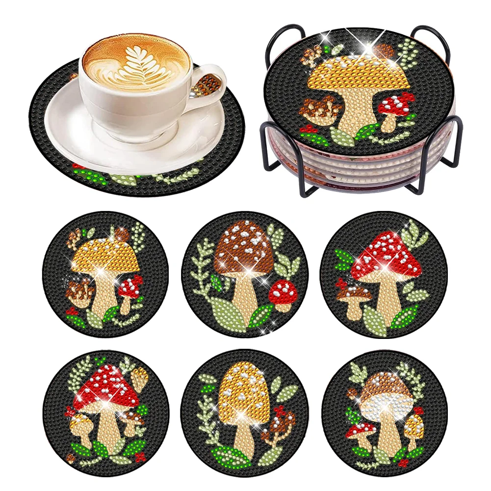 6pcs DIY Mushroom Acrylic Diamond Painting Coasters with Holder Cork Pads