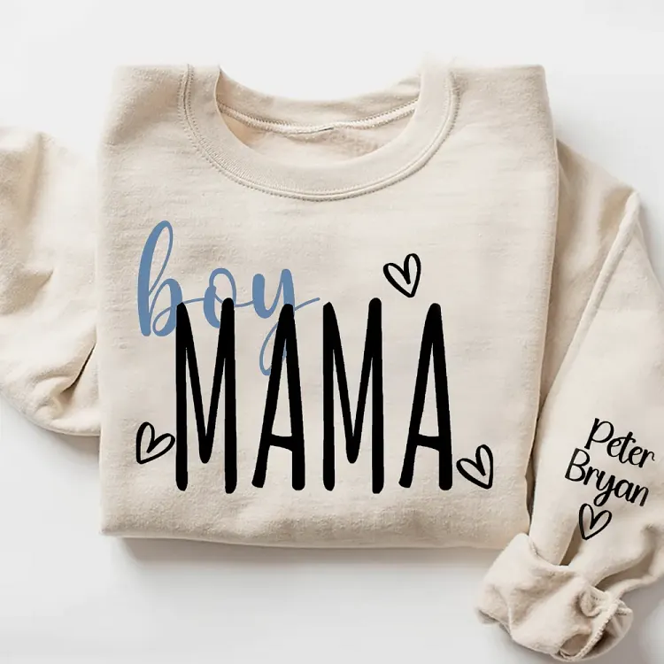 Personalized Boy Mama Sweatshirt with Kids Names on Sleeve, Custom Mom of Boys Shirt, Cute Family Gift for Mama from Sons