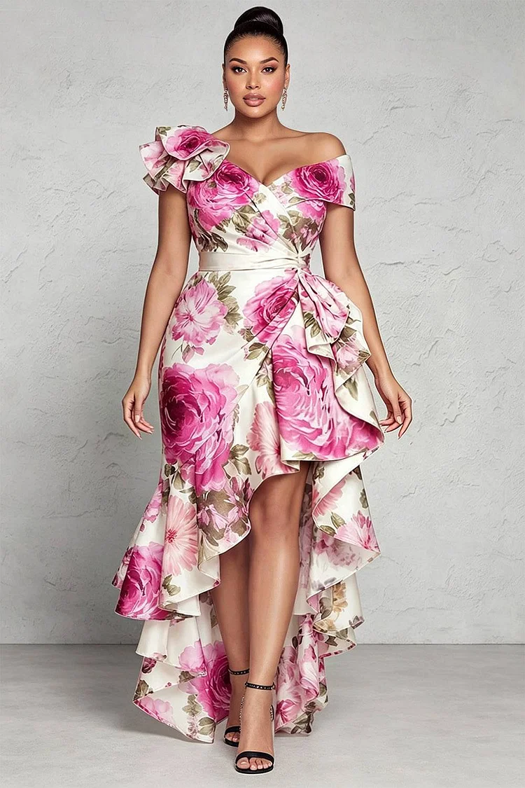 Xpluswear Design Plus Size Prom Elegant Pink Floral Off The Shoulder Ruffle Asymmetric Hem Irregular Hem Satin Maxi Dresses [Pre-Order] 2024 - Xpluswear