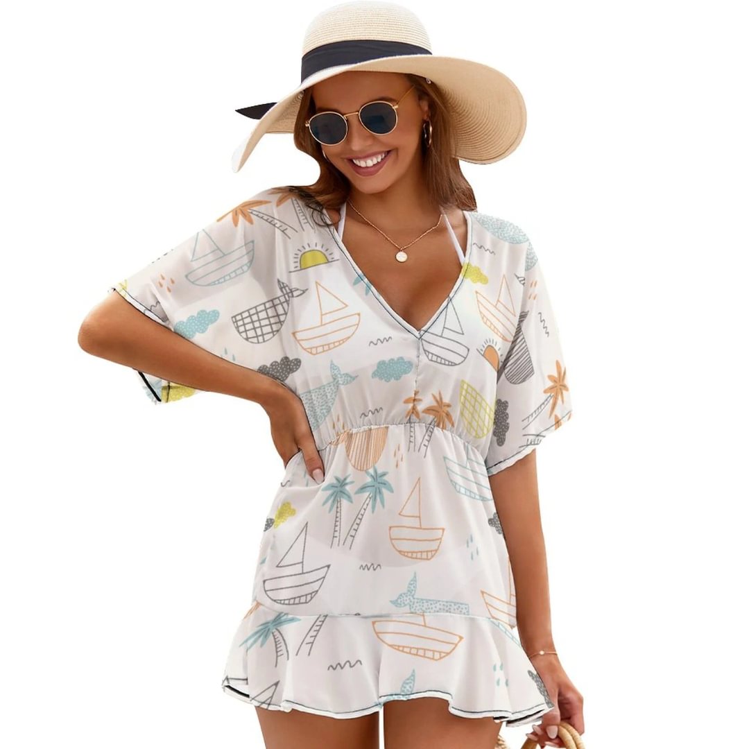 Ships And Summer Sun Summer Beach Chiffon Mini Cover Up Dress