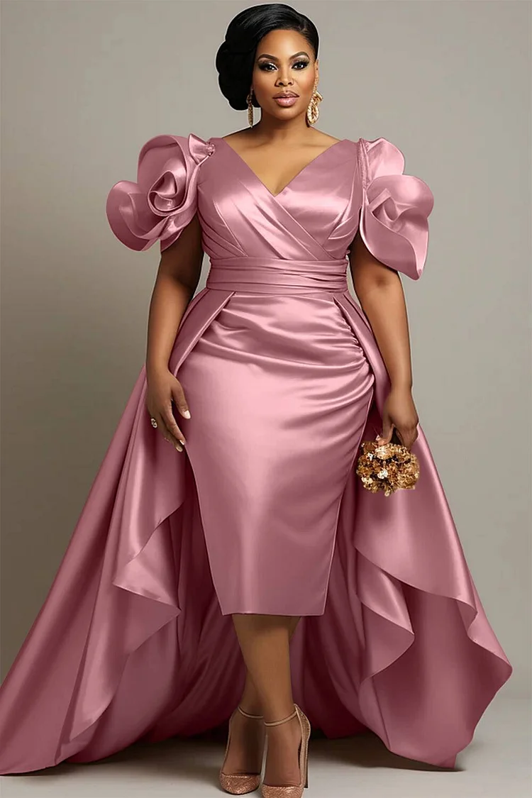 Xpluswear Design Plus Size Mother Of The Bride Champagne Short Sleeve Peplum 3D Satin Midi Dresses 2024 - Xpluswear
