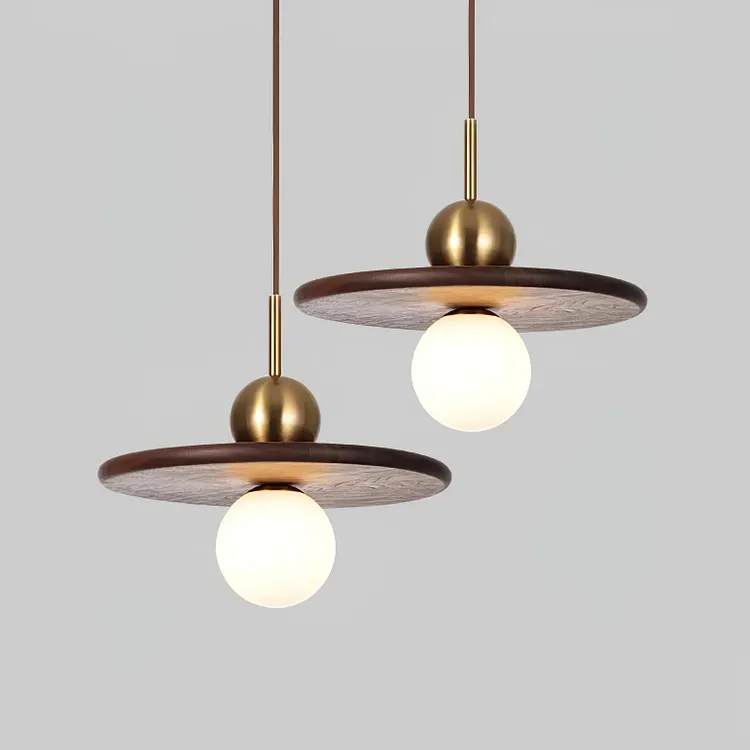 Flying Saucer Walnut Round Vintage Hanging Lamp