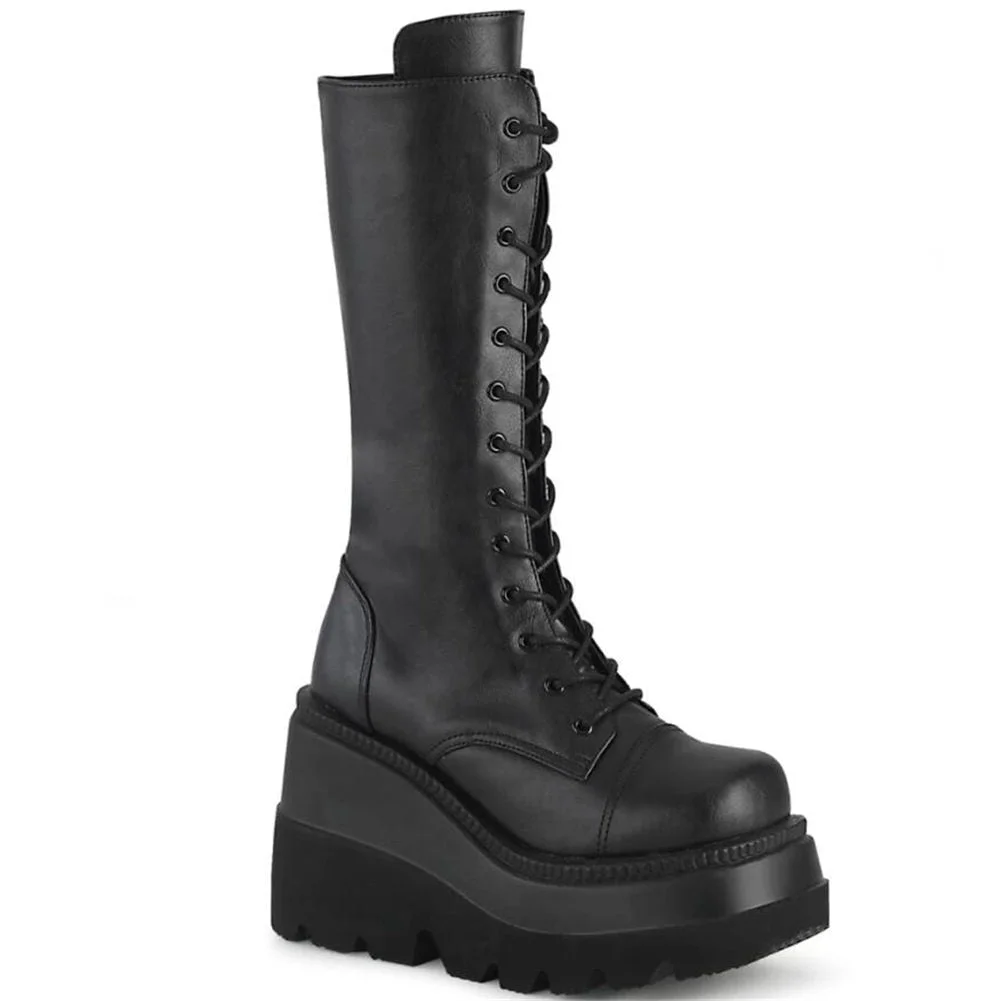 Plus Size 43 Brand Wedge High Heels Platform Trendy Cool Gothic Black Vampire Freaks Cosplay Calf Boots Shoes Women