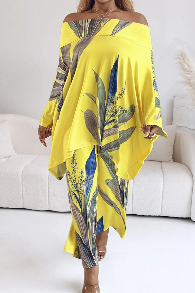 Plus Size Vacation Yellow Tropical Print Off The Shoulder Pocket Casual Two Piece Pant Sets [Pre-Order]