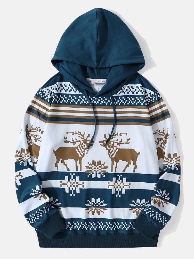Men Christmas Snow Elk Contrast Print Casual Hooded Sweatshirt