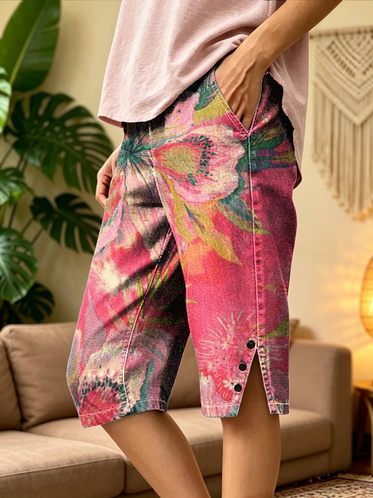Women's Retro Ethnic Floral Art Print Casual Washed Cotton Denim Shorts