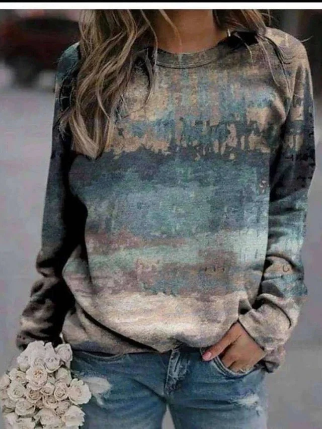 Uveng Landscape Flower Floral Print Long Sleeve Sweaters