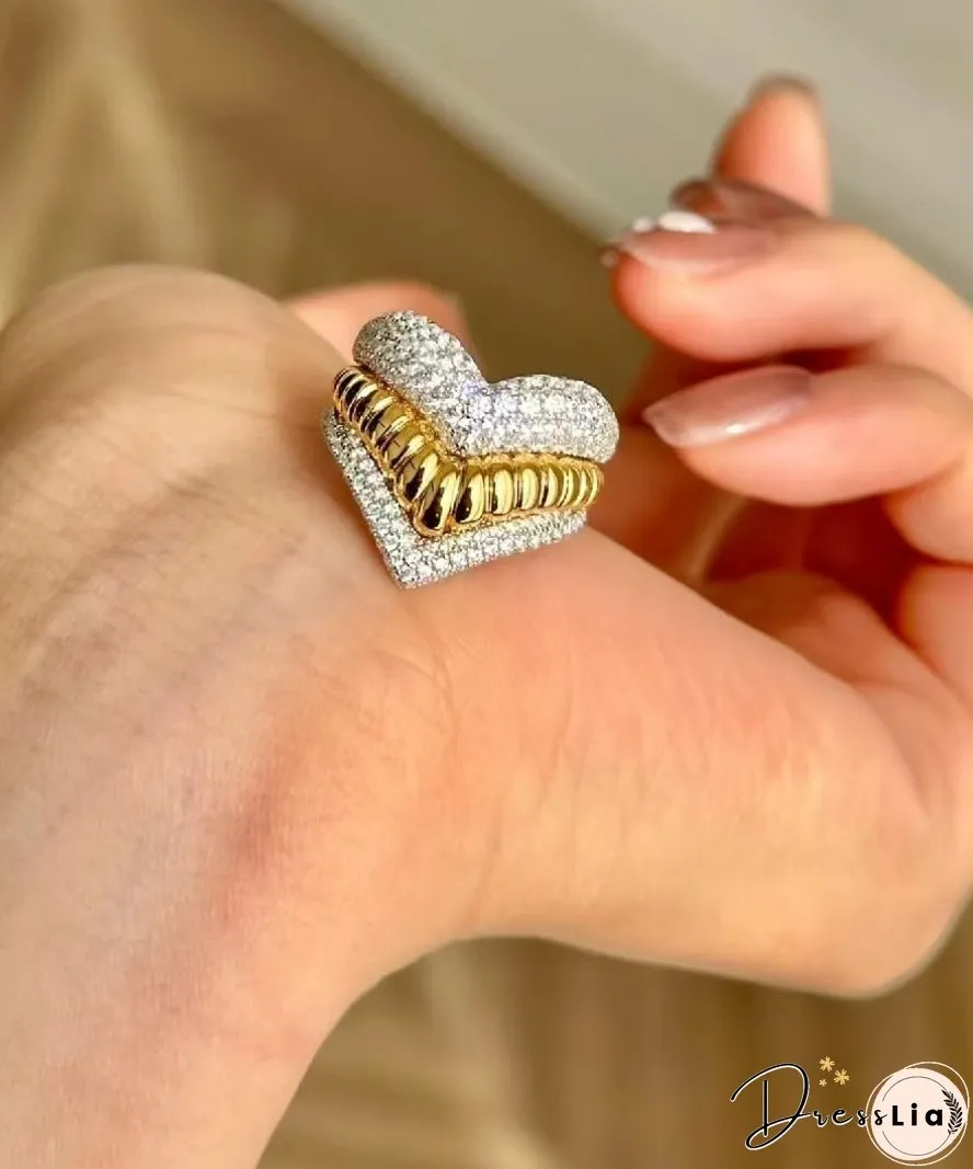 Unique Sterling Silver Zircon Multilayer Love Stripe Heart Sshaped Rings Two Piece Set