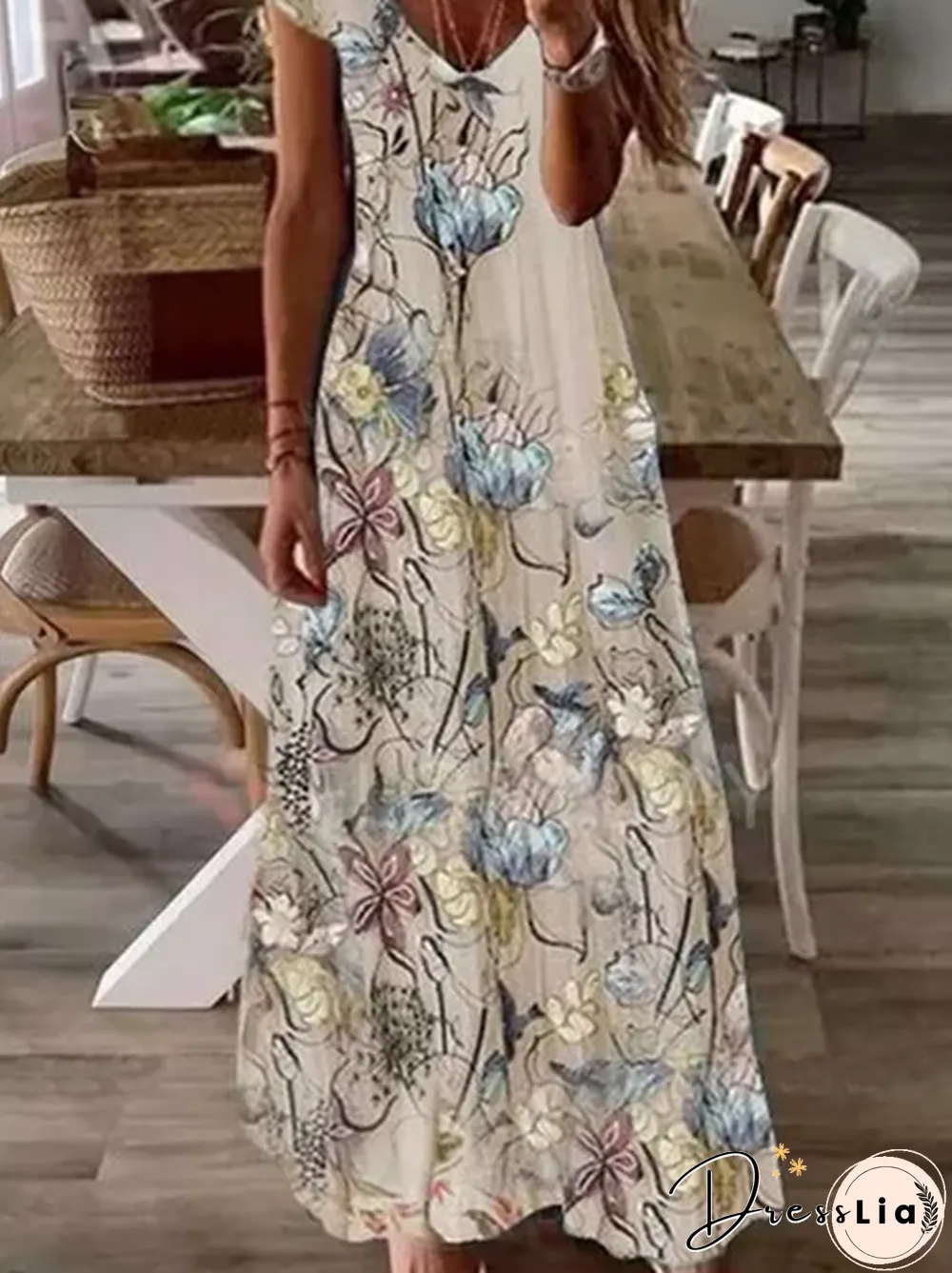 Mesh Floral Boho Short Sleeve Maxi Dress