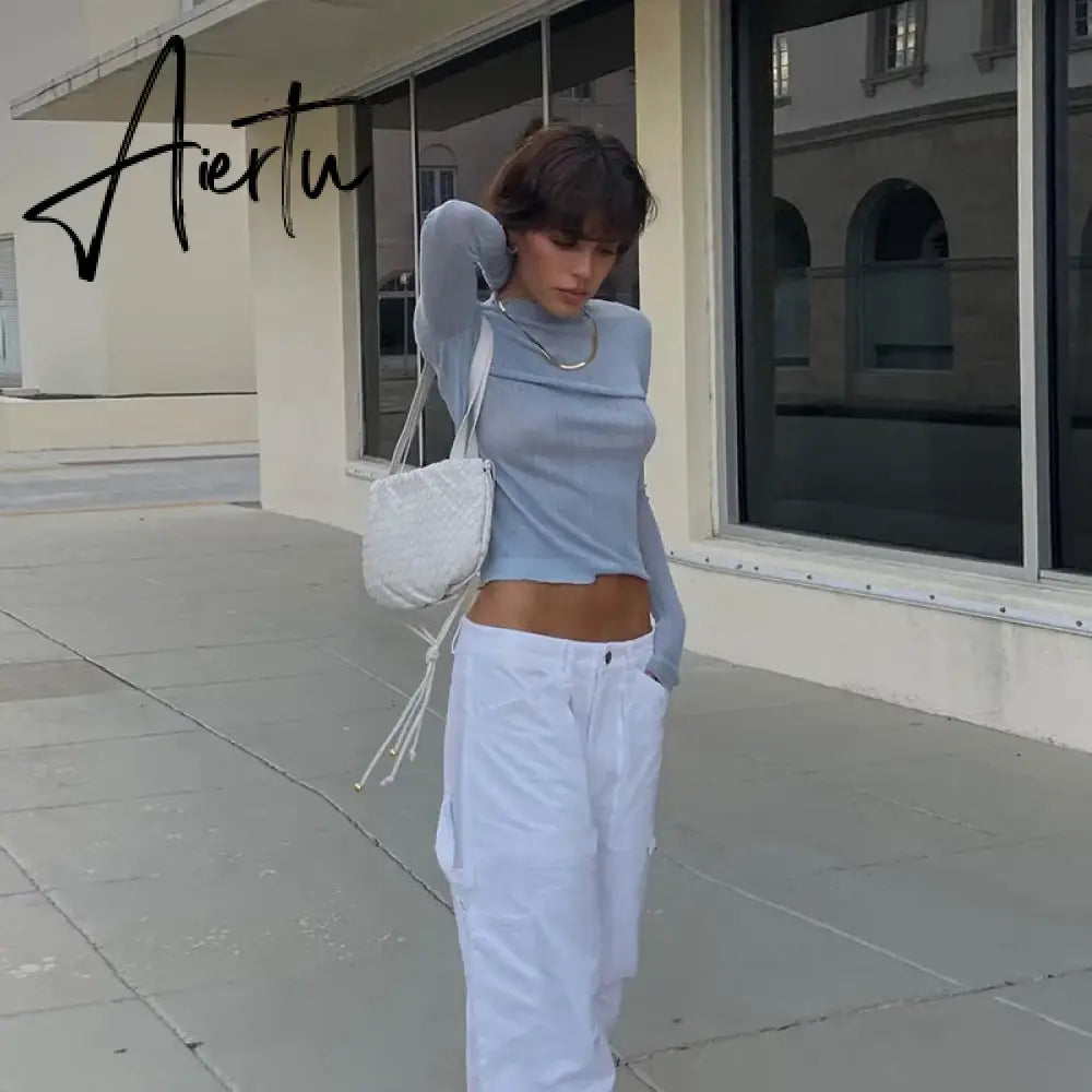 Chic Fashion Ruffle See Through Blue Long Sleeve Women Tops Autumn Elegant Short Tees Slim T-Shirts Clothes Aiertu