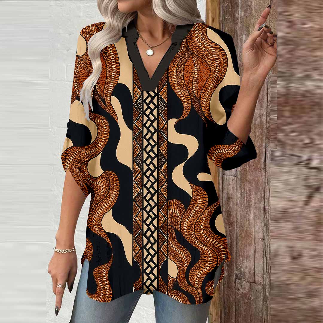 Women Stripes, Geometric, Black, Brown DZGA0068 3/4 Sleeve V-neck Printed Graphic Button Tops