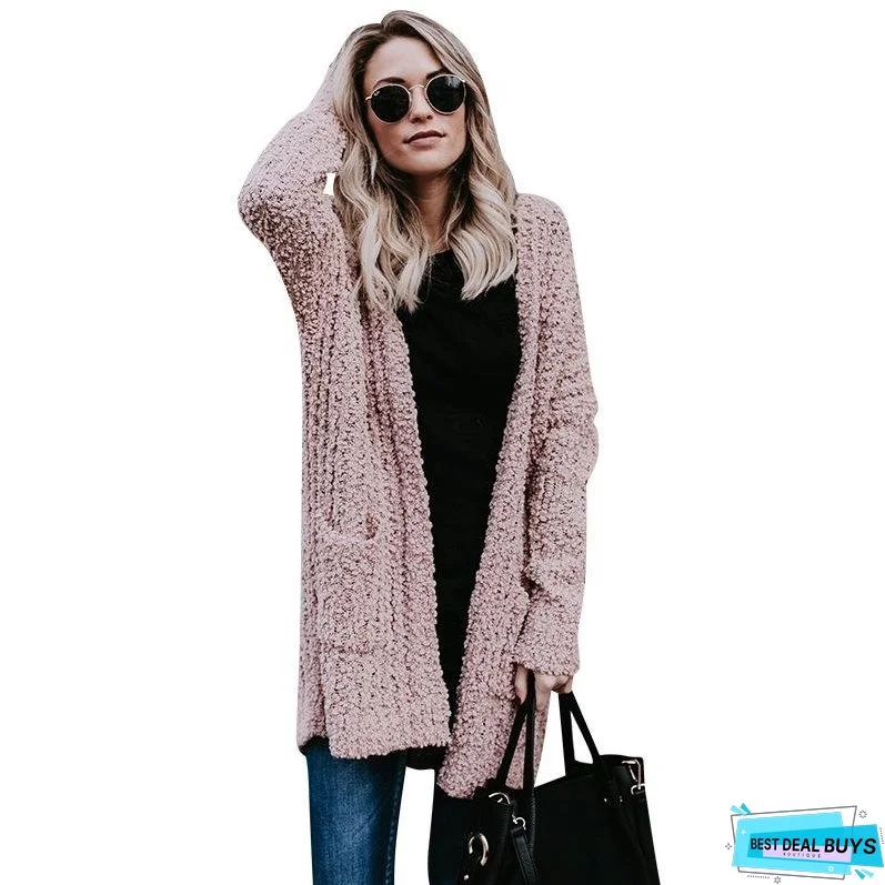 Solid Color Long Sleeve Open Front Chunky Cardigan Sweater