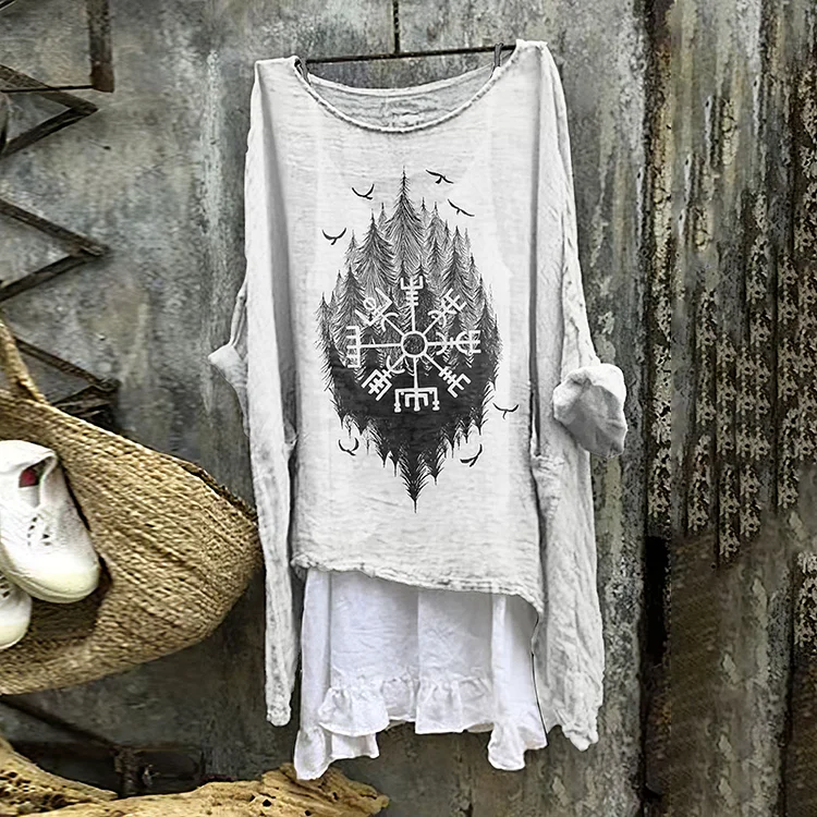 Comstylish Vintage Tribal Viking Mountain Pattern Linen Blend Tunic