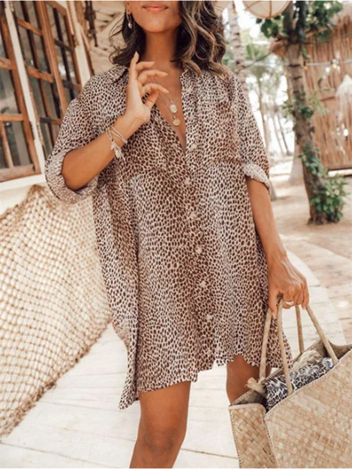 Women Long Sleeve Lapel Leopard Print Shirt Dress
