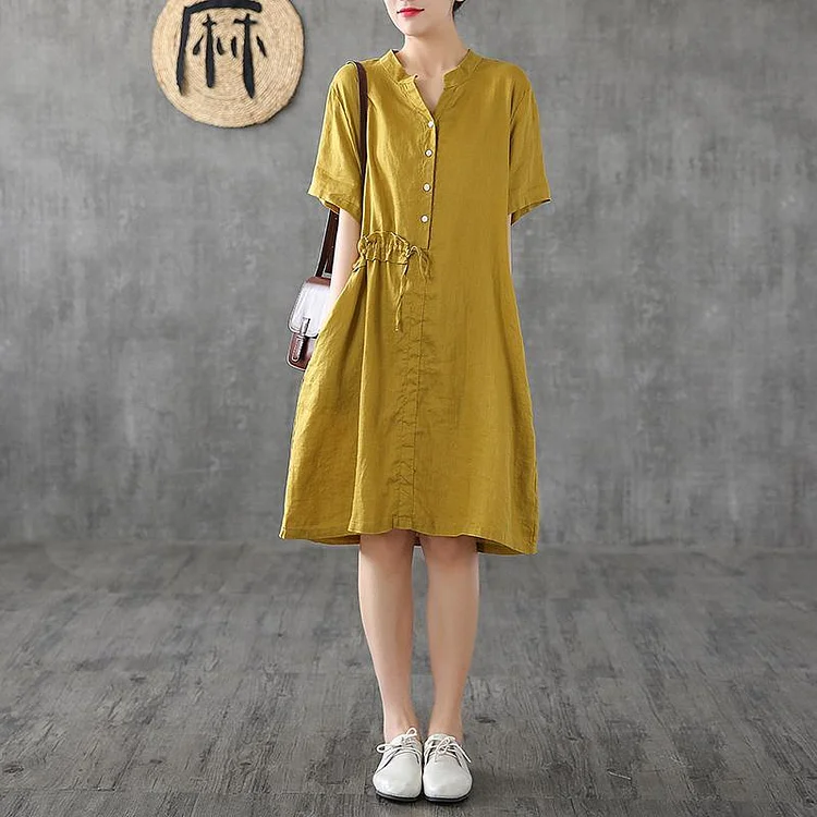 Simple stand collar patchwork linen clothes For Women Shape yellow Dresses