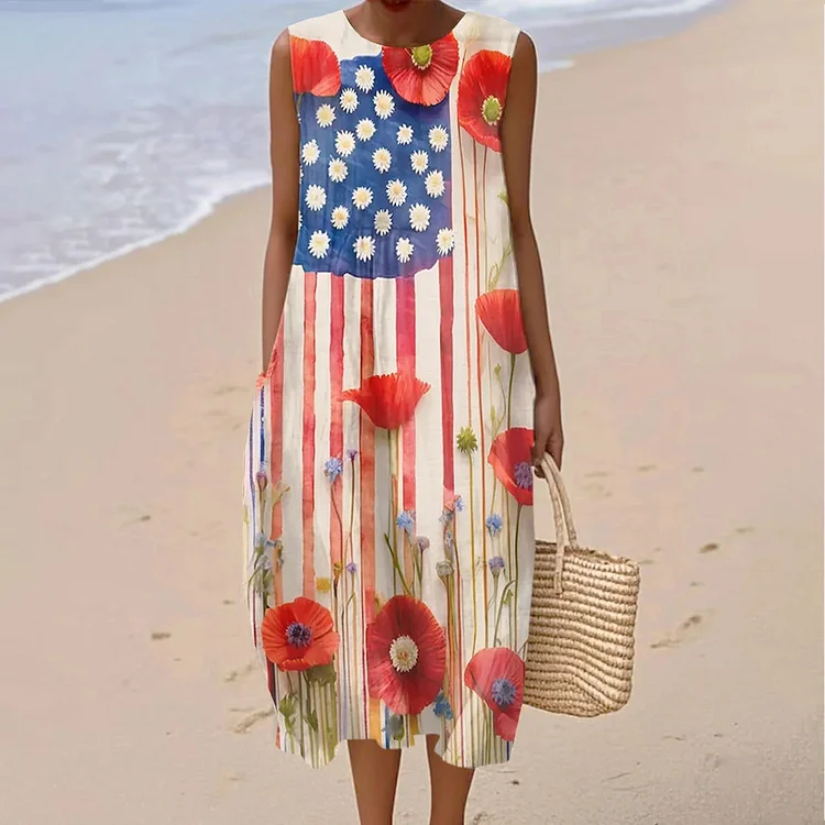 Vintage Independence Day Floral Art Linen Casual Tank Dress