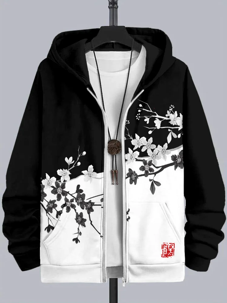 Men's Cherry Blossom Japanese Art Contrast Comfy Full Zip Hoodie