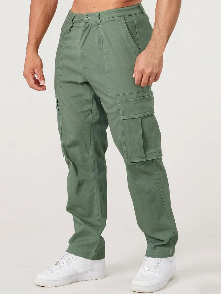 Men's Practical Large Pocket Retro Trend Solid Color Casual Sports Loose Straight Trousers