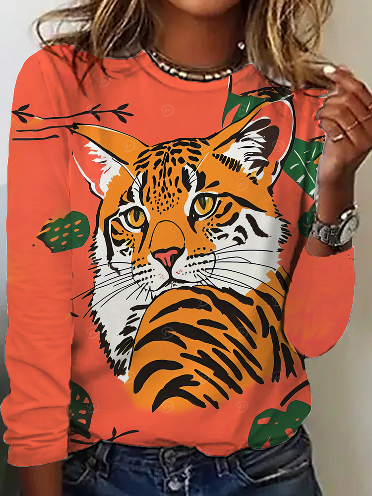 Women's Crew Neck Tiger Animal Long Sleeve T-Shirt socialshop