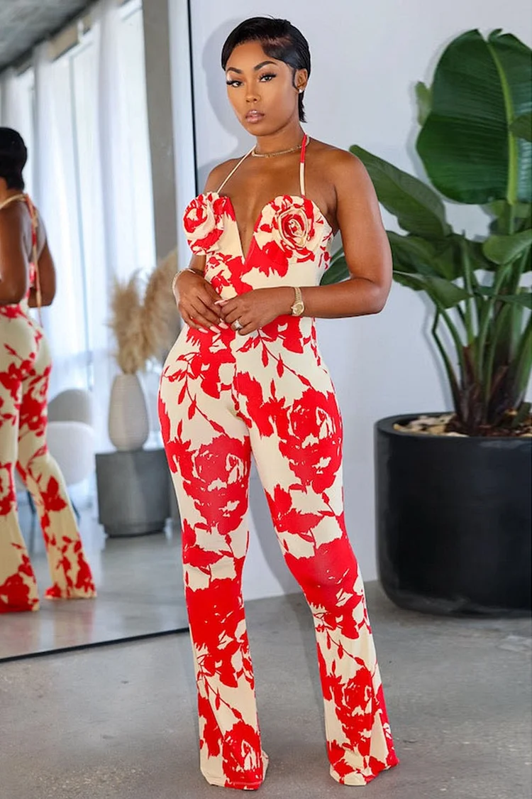 Notched Neck Halter Floral Print Straight Leg Jumpsuit-Red