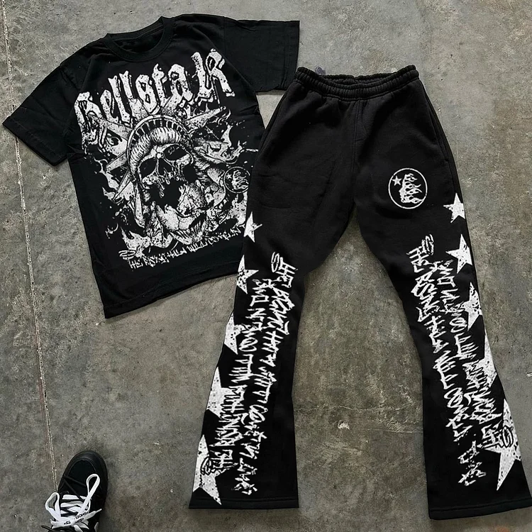 Hellstar Skull Graphics Short Sleeve Tee & Flared Trousers Two Piece Set