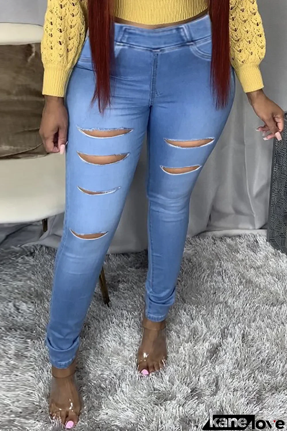Baby Blue Fashion Casual Solid Ripped Mid Waist Skinny Jeans