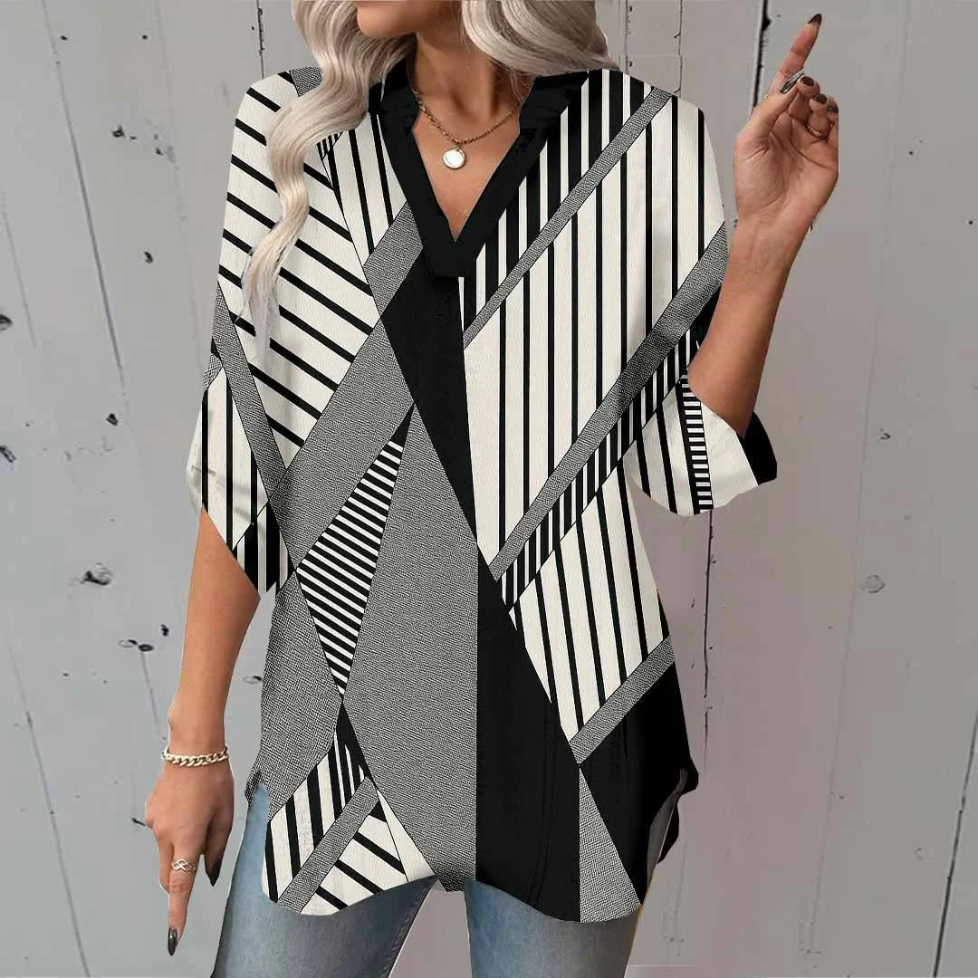 Women Geometric,  Black,  White DZGA0427 3/4 Sleeve V-neck Printed Graphic Button Tops