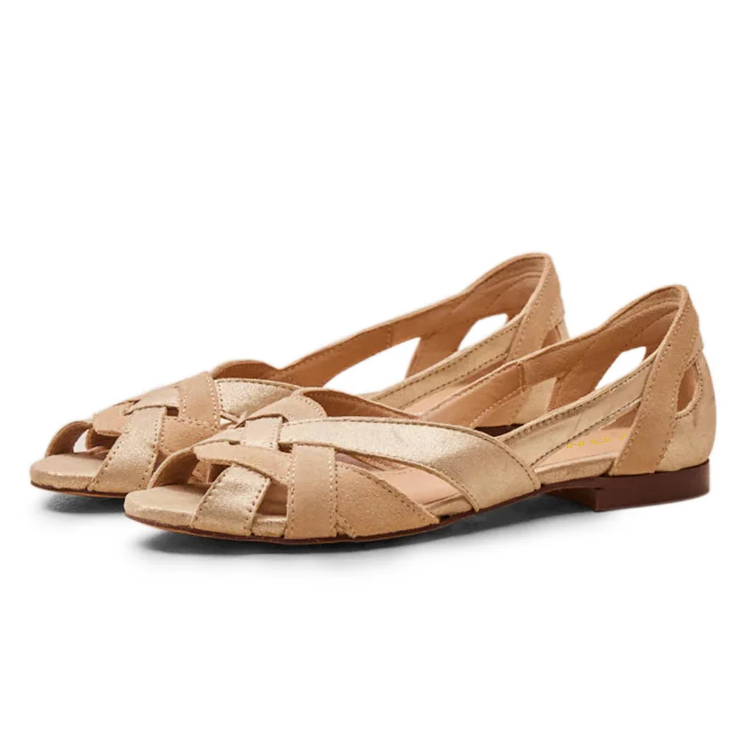 Comfortable Khaki Vegan Suede Woven Peep Toe Flat Women's Sandals
