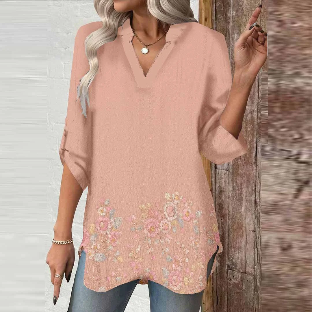 Women Pink, Floral DZGA0523 3/4 Sleeve V-neck Printed Graphic Button Tops