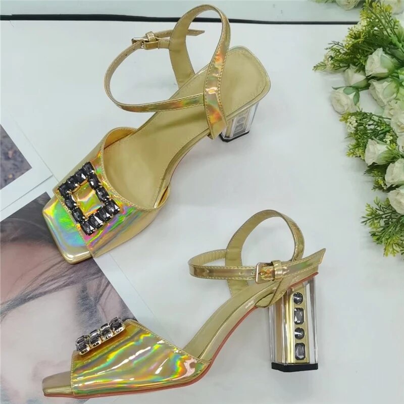 VCSHOES High Heel Ankle Strap Sandals Women Laser Patent Leather Diamond Square Buckle Shoes