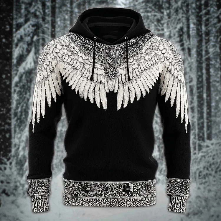 Men's Viking Celtic With Wings Art Cozy Knit Hooded Sweater