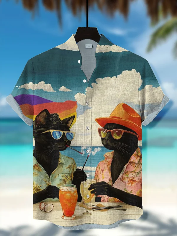 Men's LGBT Rainbow Black Cat Couple Print Short Sleeve Shirt