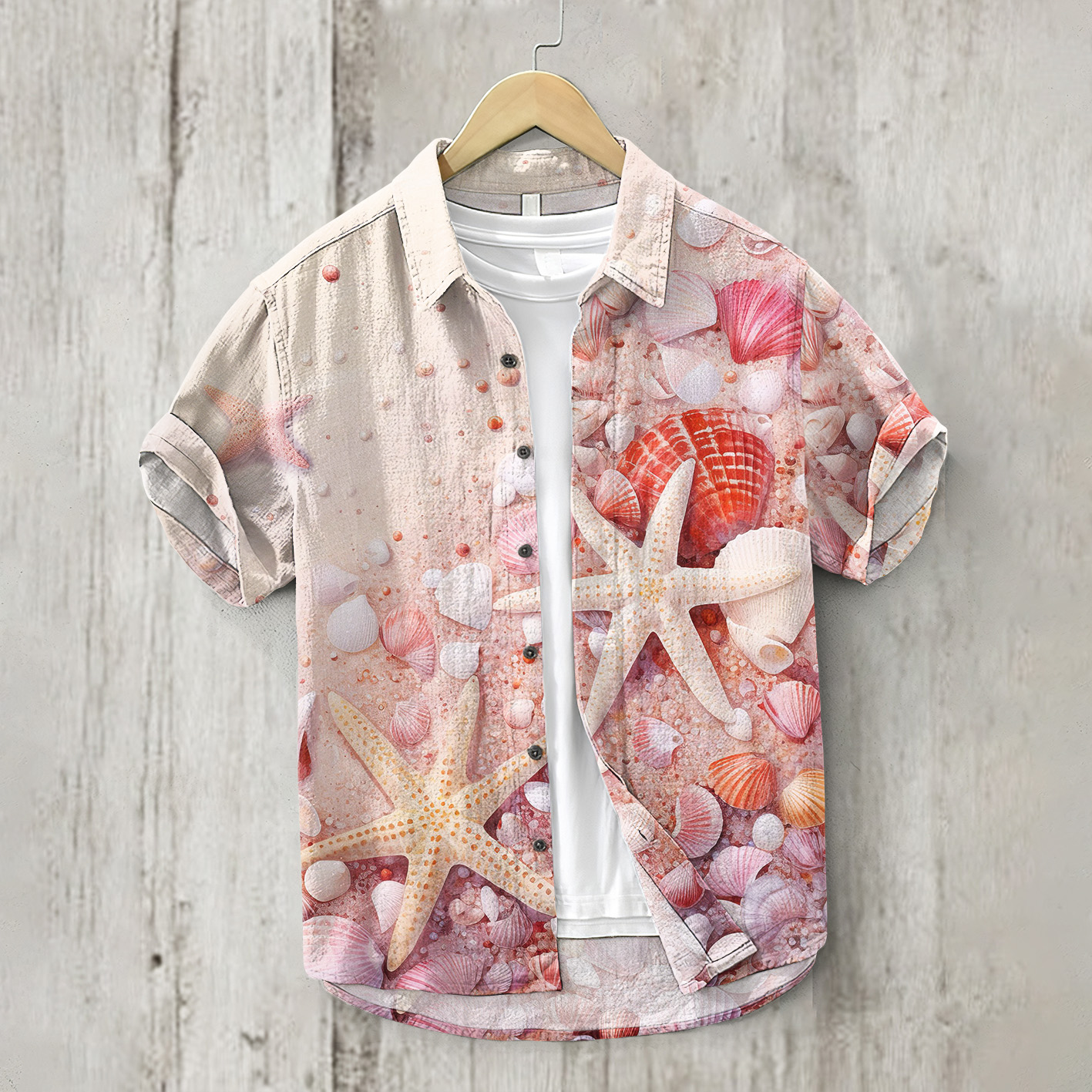 Starfish And Shell Beach Print Short Sleeved Shirt wearshes