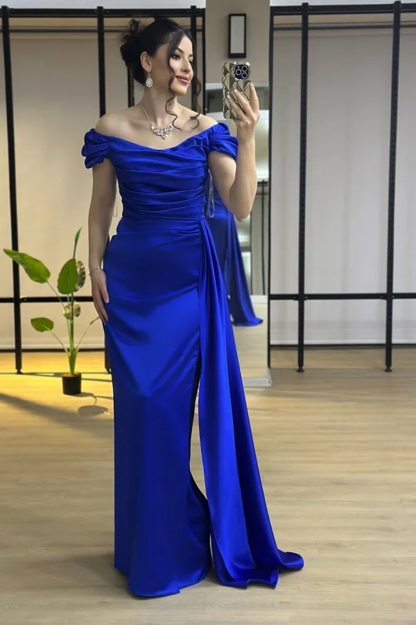 Royal Blue Off-The-Shoulder Pleated Satin Prom Dress With Side Train YK0010