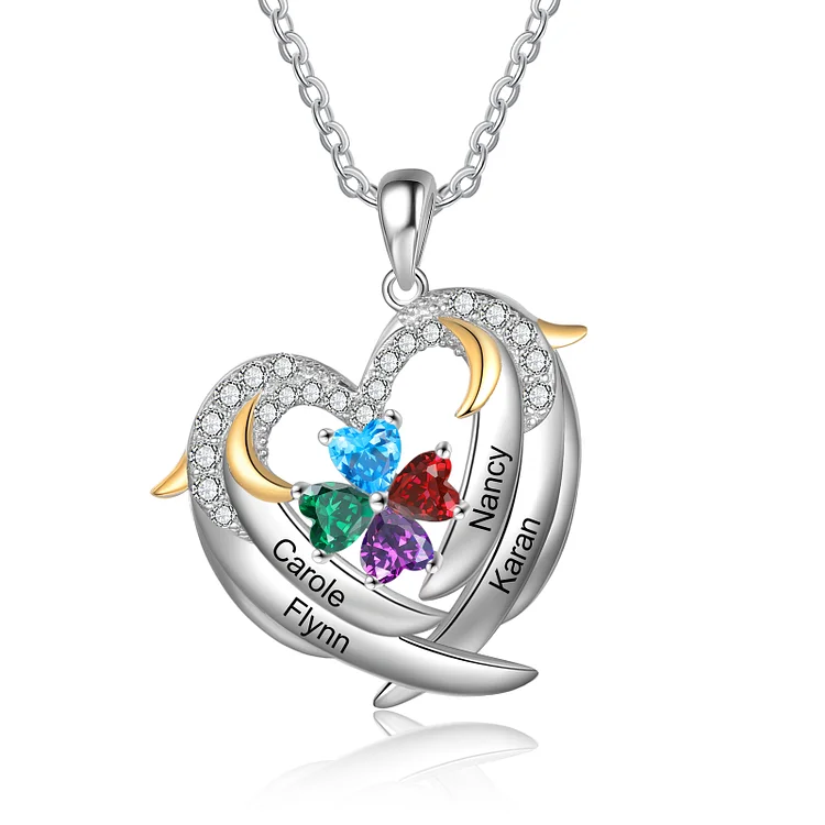 Personalized Heart Angel Wings Necklace with 4 Birthstones