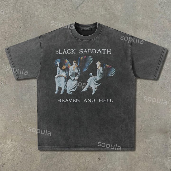 Vintage Heaven And Hell Print Washed T-Shirt
