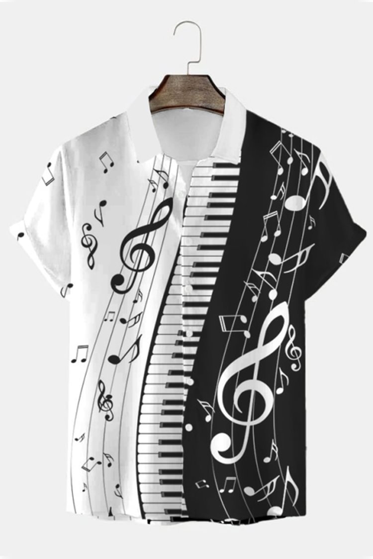 Colorblock Casual Note Print Short Sleeve Shirt