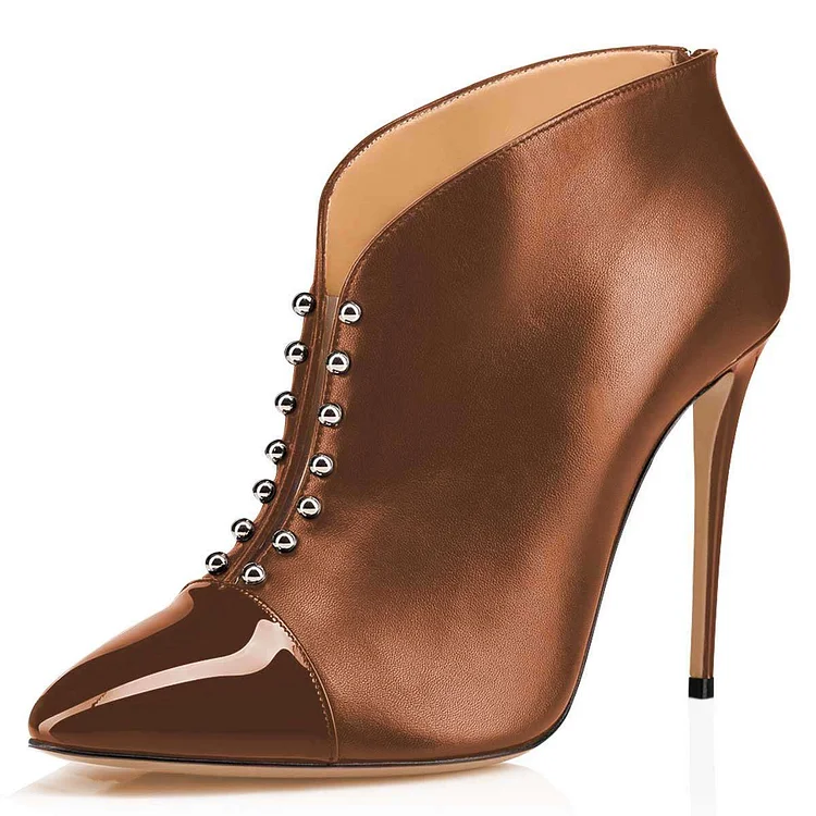 Brown Pointy Toe Studs Stiletto Heel Ankle Boots |FSJ Shoes