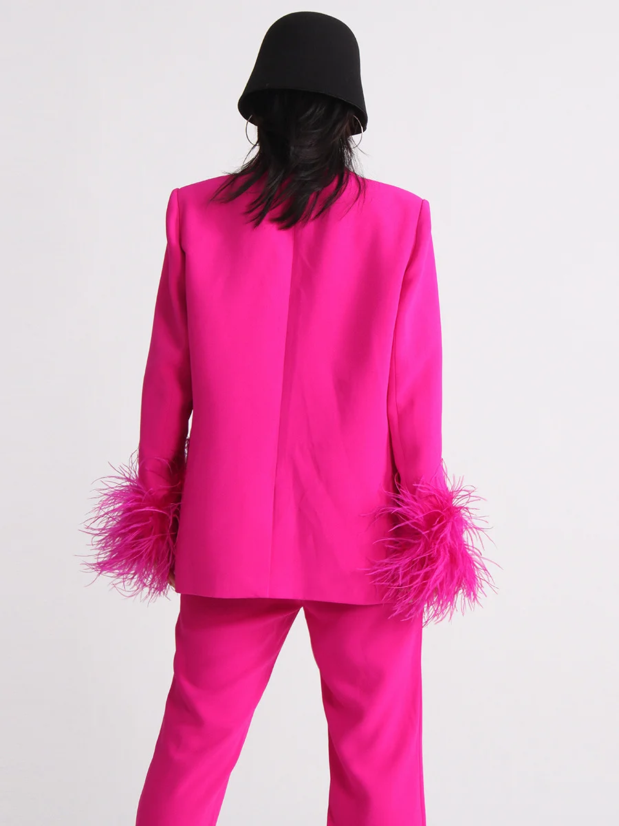 Toloer Toloer New Temperament Top Collar With Diamond Design Sense Cuff Stitching Ostrich Hair Long Sleeve Suit Spring Style-Outfit Ideas