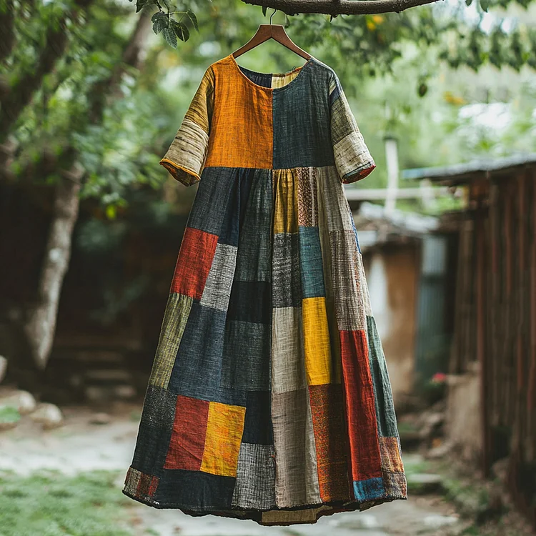 Simpfit Midikleid aus Nachahmung aus Nachahmung aus Baumwolle und Leinen mit Farbblockdesign im Vintage-Stil