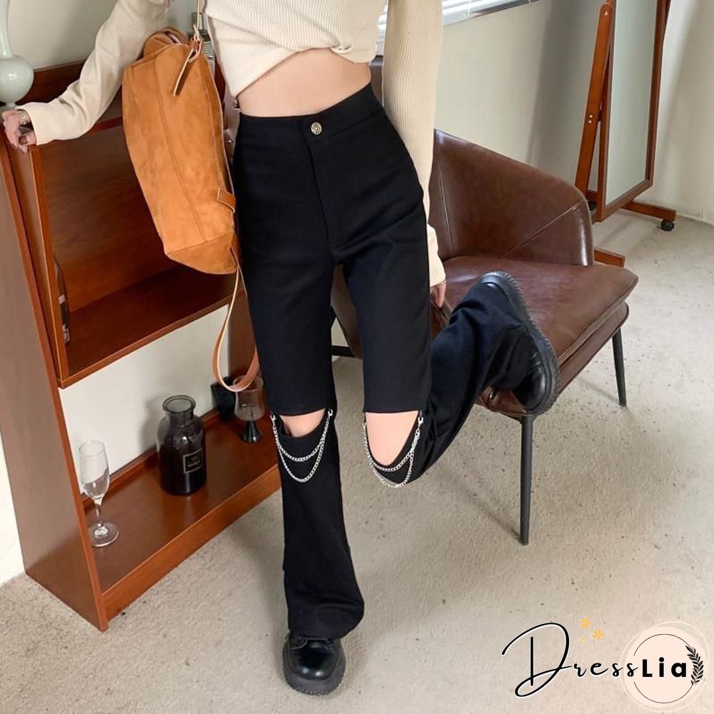 Fashion Hollow Out Streetwear Hole Women Jeans Summer High Waist Harajuku Straight Denim Pants Vintage Chain Y2K Wide Leg Pants