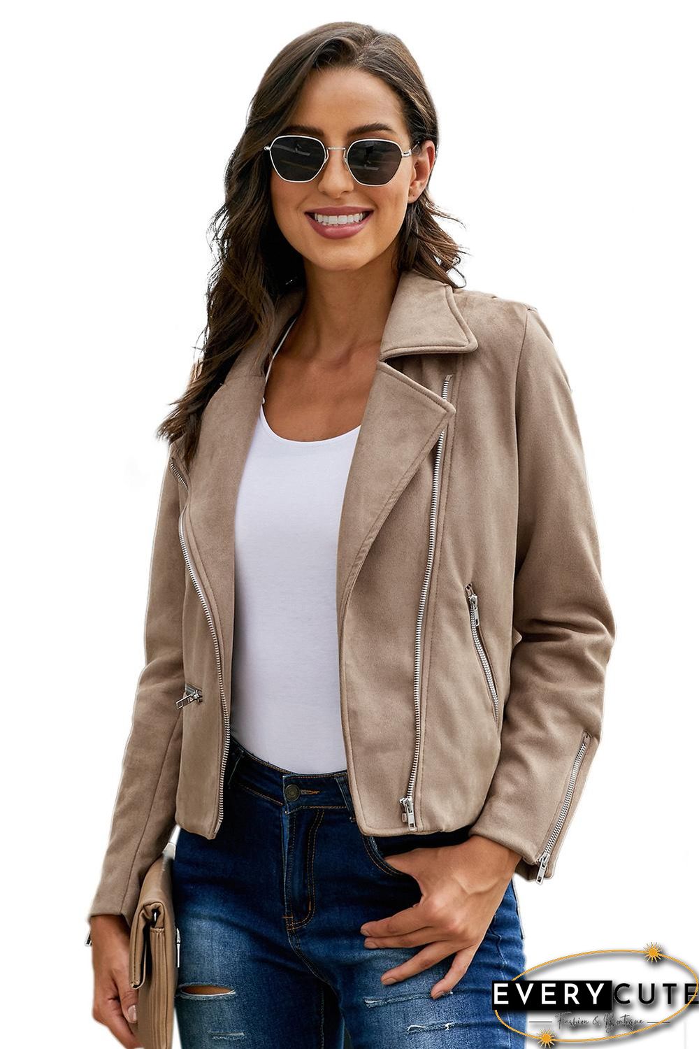 Khaki Zipped Notch Collar Short Jacket